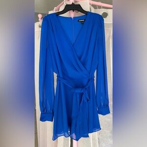 Express Cobalt Blue Long Sleeve Wrap Dress with Waist Tie